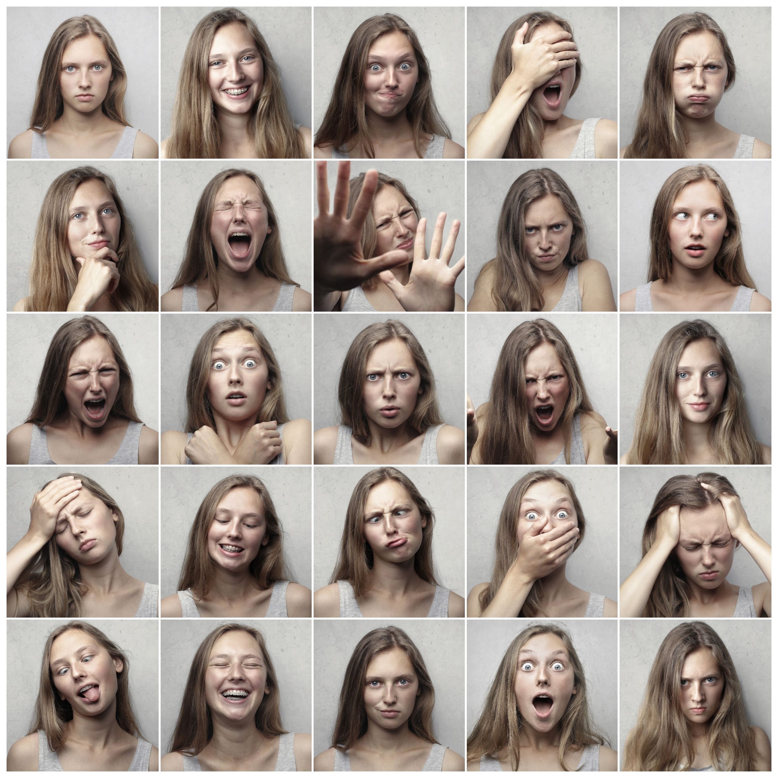 Multiple portraits showcasing various facial expressions and emotions of a young woman. Plusieurs portraits mettant en avant diverses expressions faciales et émotions d'une jeune femme.